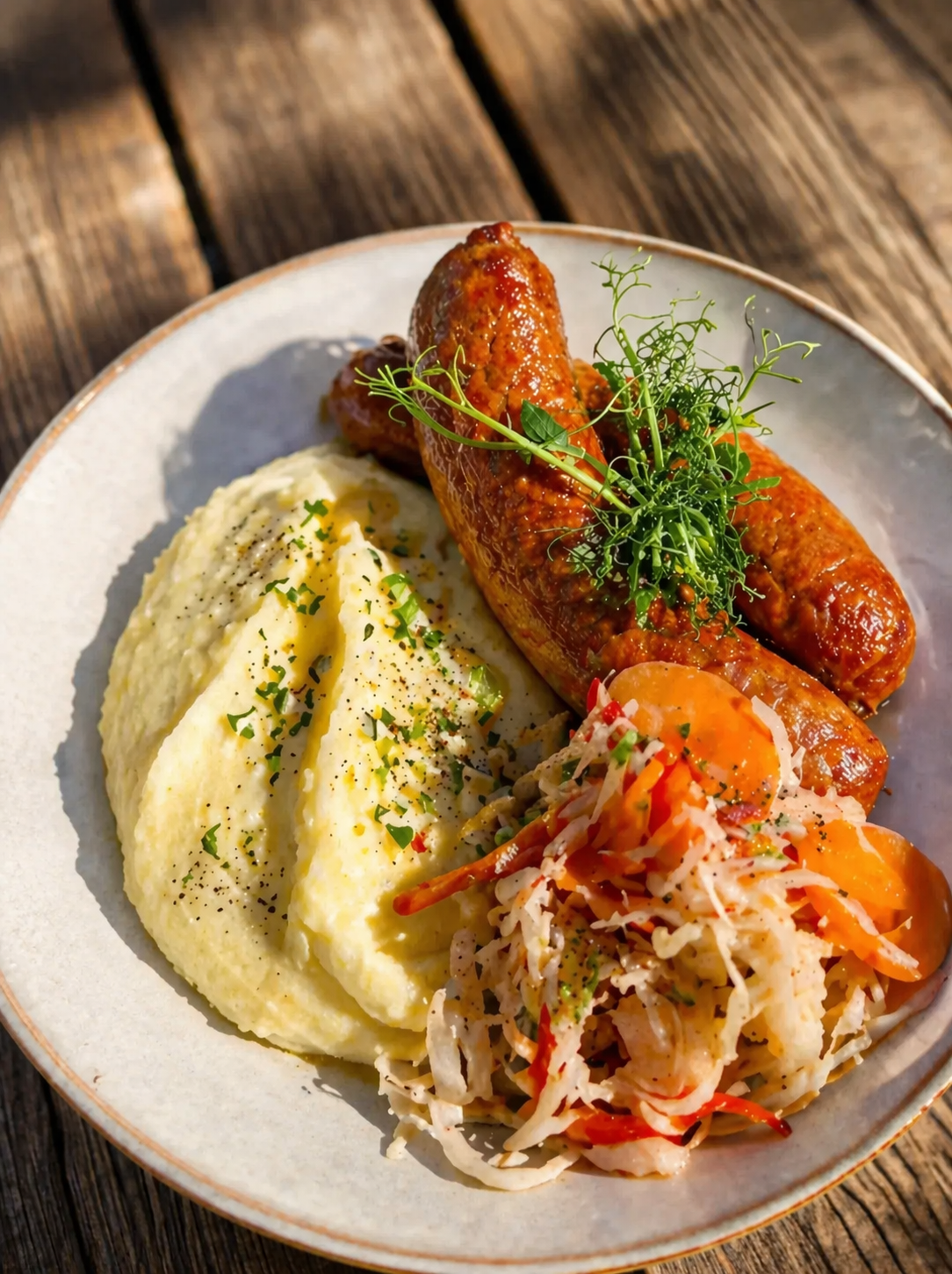 Tallerken med potetmos, håndlaget pølse, surkål og grønne urter. - Rolis Bodega, Nordstrand, Oslo
