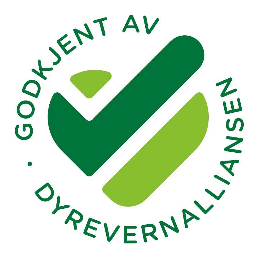 En rund logo med teksten 'Godkjent av Dyrevernalliansen' rundt en grønn sjekkmark og en grønn oval - Rolis Bodega, Nordstrand, Oslo