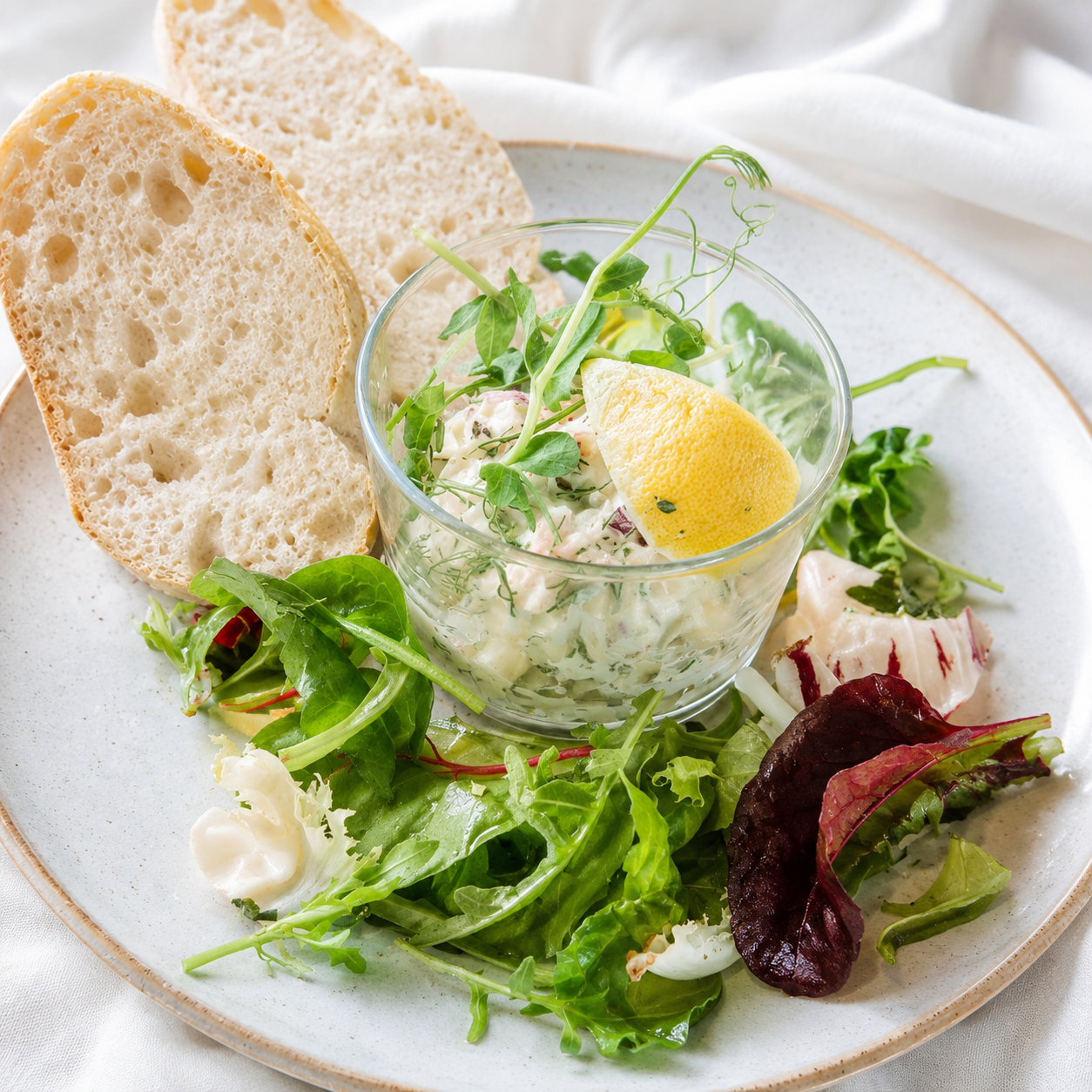 Salat med reker, sitron, frisk grønn salat, og brød på en hvit oval tallerken. - Rolis Bodega, Nordstrand, Oslo
