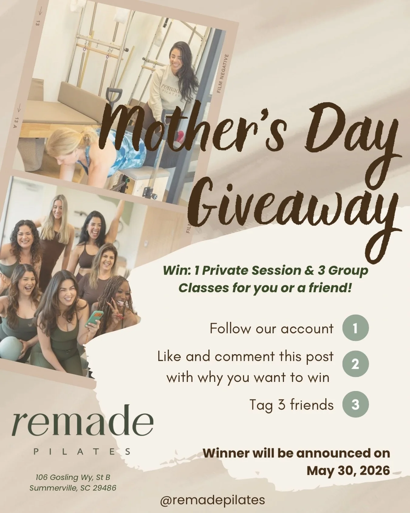 ✨ MOTHER&rsquo;S DAY GIVEAWAY ✨

We&rsquo;re celebrating all the amazing moms out there with a special giveaway!!

One lucky winner will receive:

🤍1 Private Pilates Session 
🤍 3 Group Classes 
(For yourself OR gift them to a special someone!)

To 