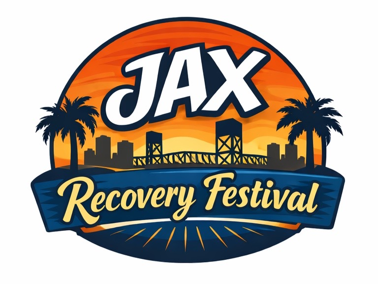Logo for JAX Recovery Festival featuring silhouettes of palm trees, a bridge, and city skyline with a sunset background.