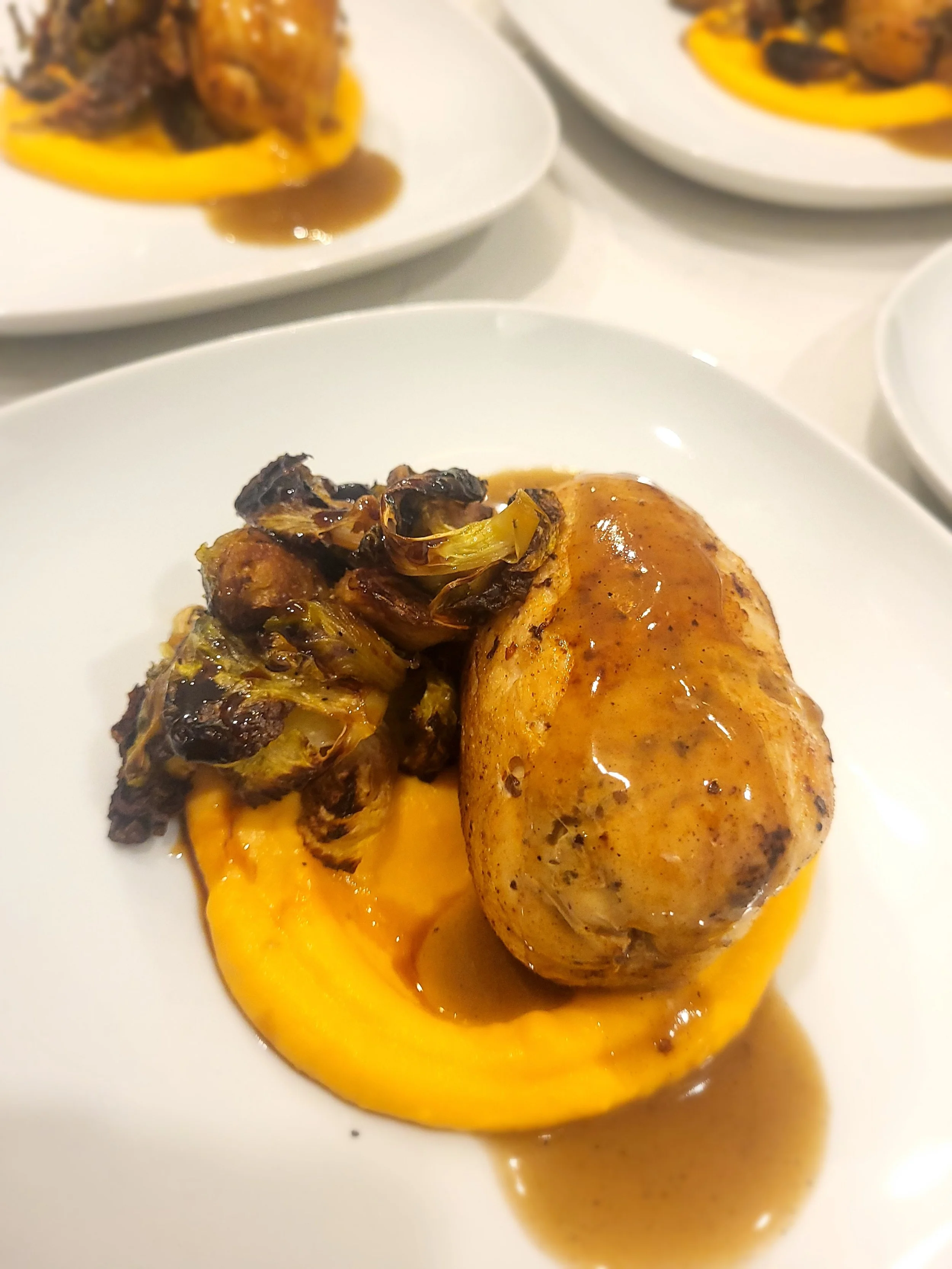 Mushroom chicken roulade w/ roasted brussel sprouts and sweet potato puree