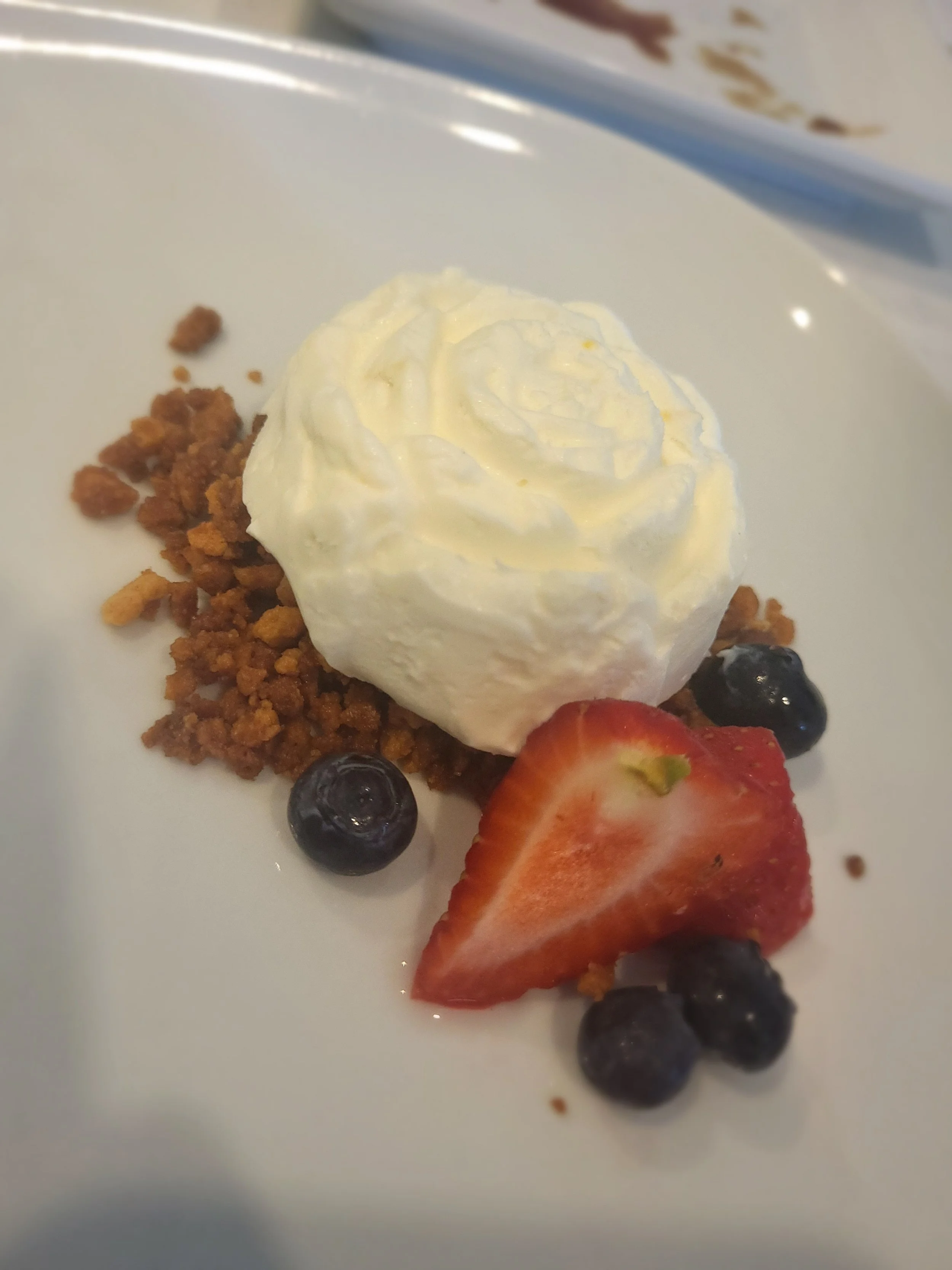 No bake cheese cake w/ tuile crumble and fresh fruits.