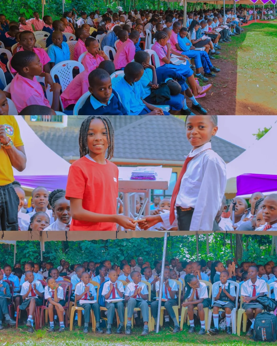 Children attending an outdoor school event, seated under tents, with some receiving awards or recognition, and dressed in school uniforms.