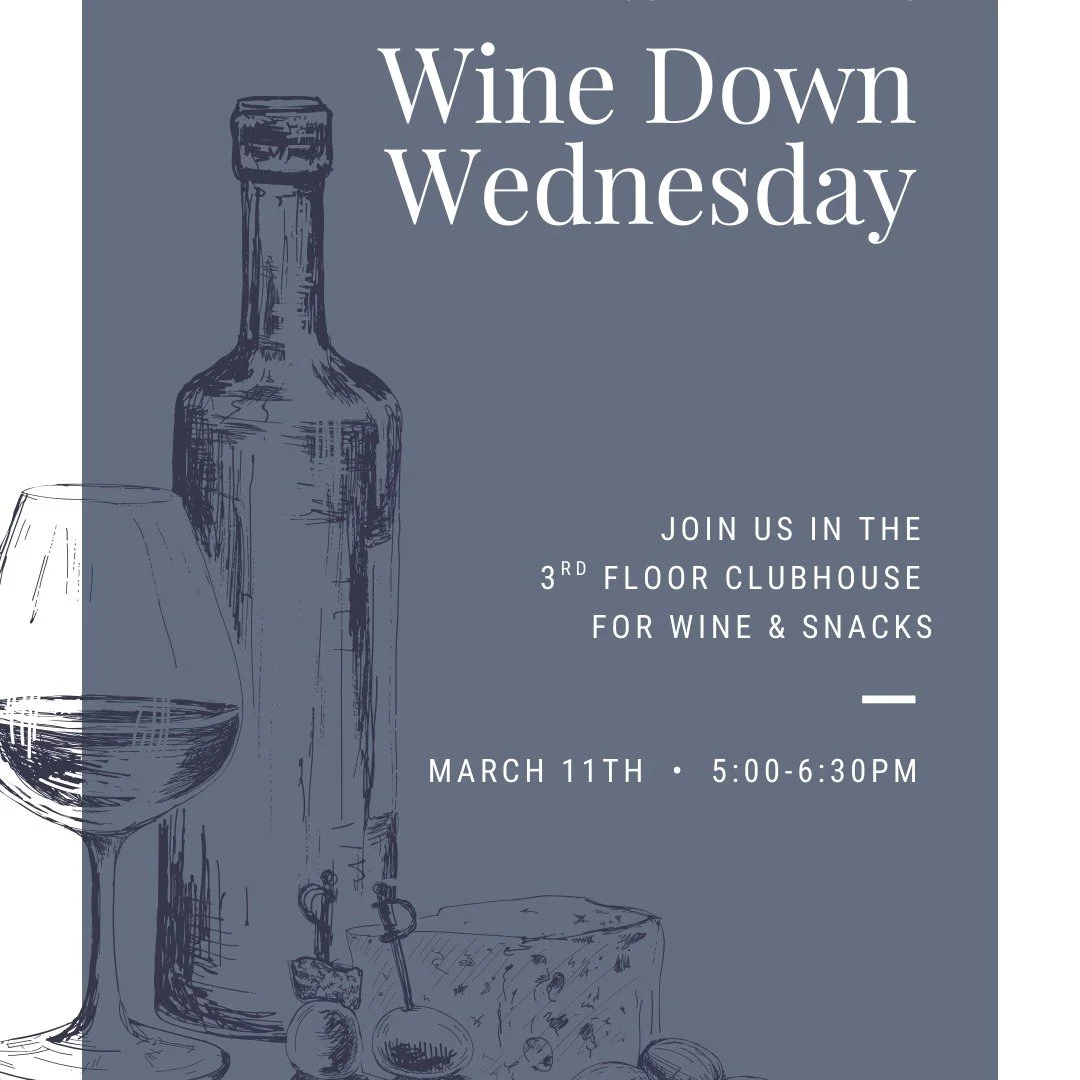 🍷✨ Wine Down Wednesday ✨🍷

Join us tonight at 5:00 PM in the Clubhouse for our Wine Down Wednesday!

Stop by to relax after the day, enjoy a glass of wine, and connect with your neighbors in a laid-back setting.

Swing through, unwind, and raise a 