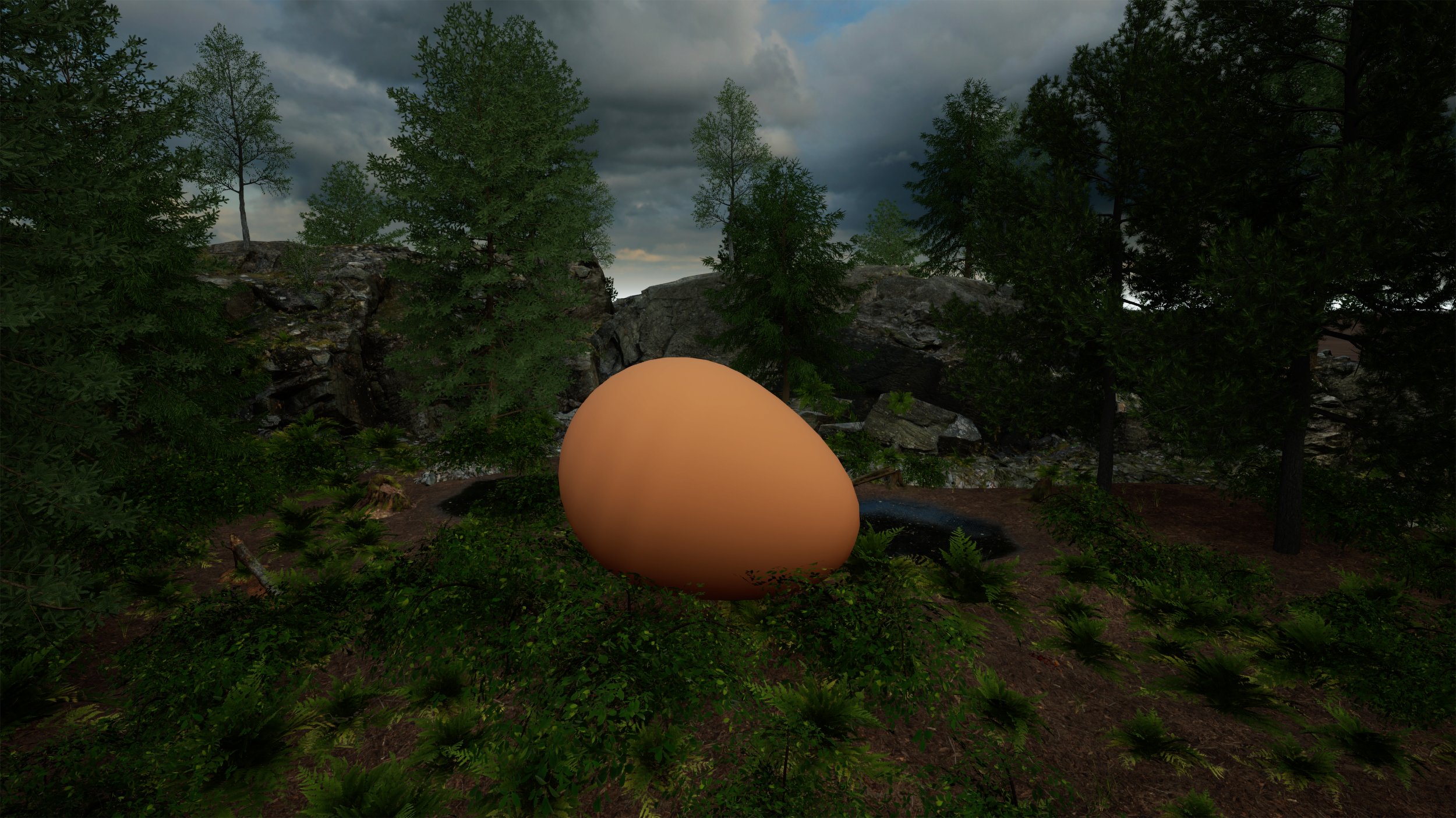 A large, egg-shaped object on the ground in a forest clearing, with trees and rocks under a cloudy sky.