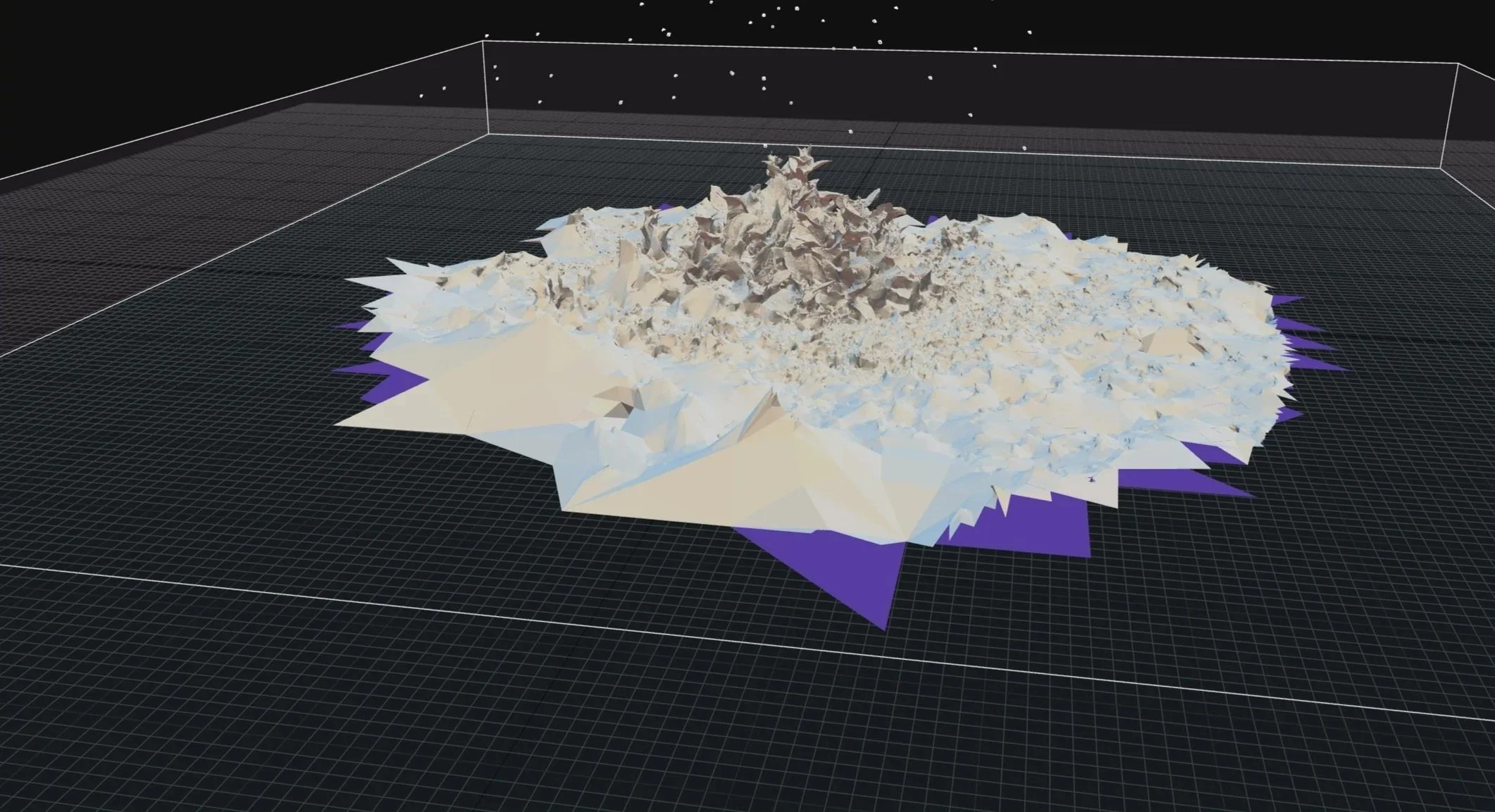 3D digital topographic map showing a mountain range with elevation details, grid lines, and color-coded terrain layers.