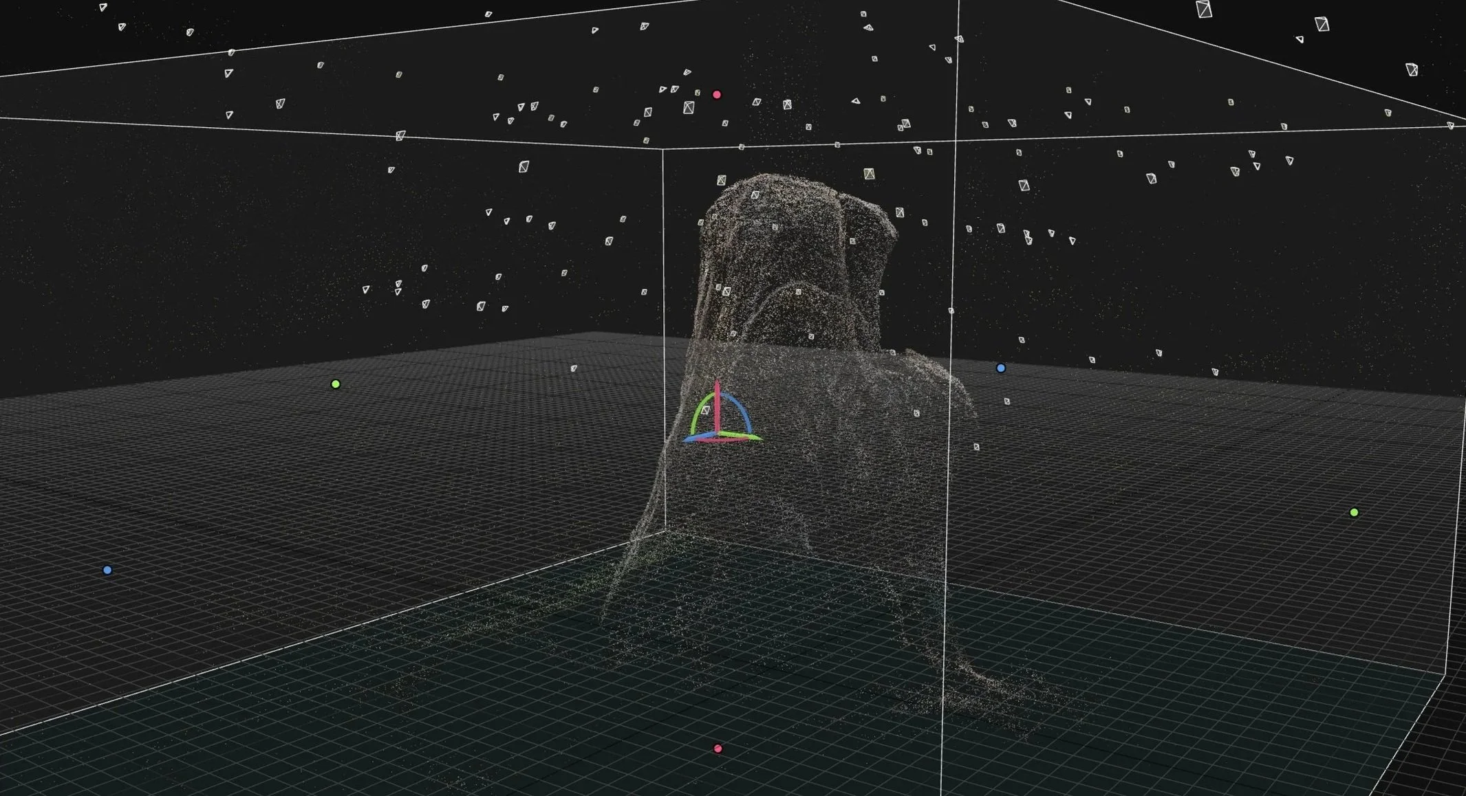 A 3D digital wireframe model of a human wearing a virtual reality headset, with scatter plot points and coordinate axes in the background.