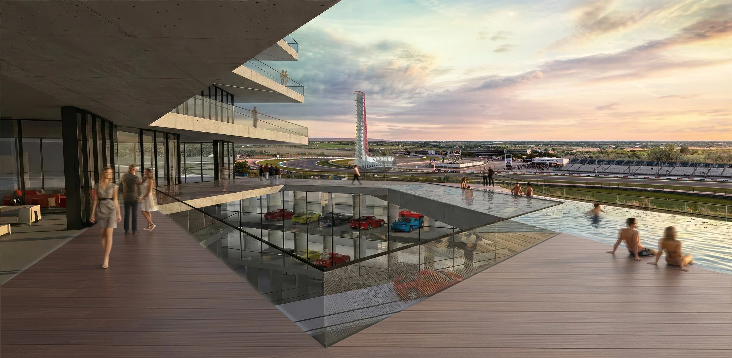 Modern building with expansive outdoor lounge area overlooking a racetrack and fireworks tower at sunset, with people relaxing by an infinity pool and viewing the scene.