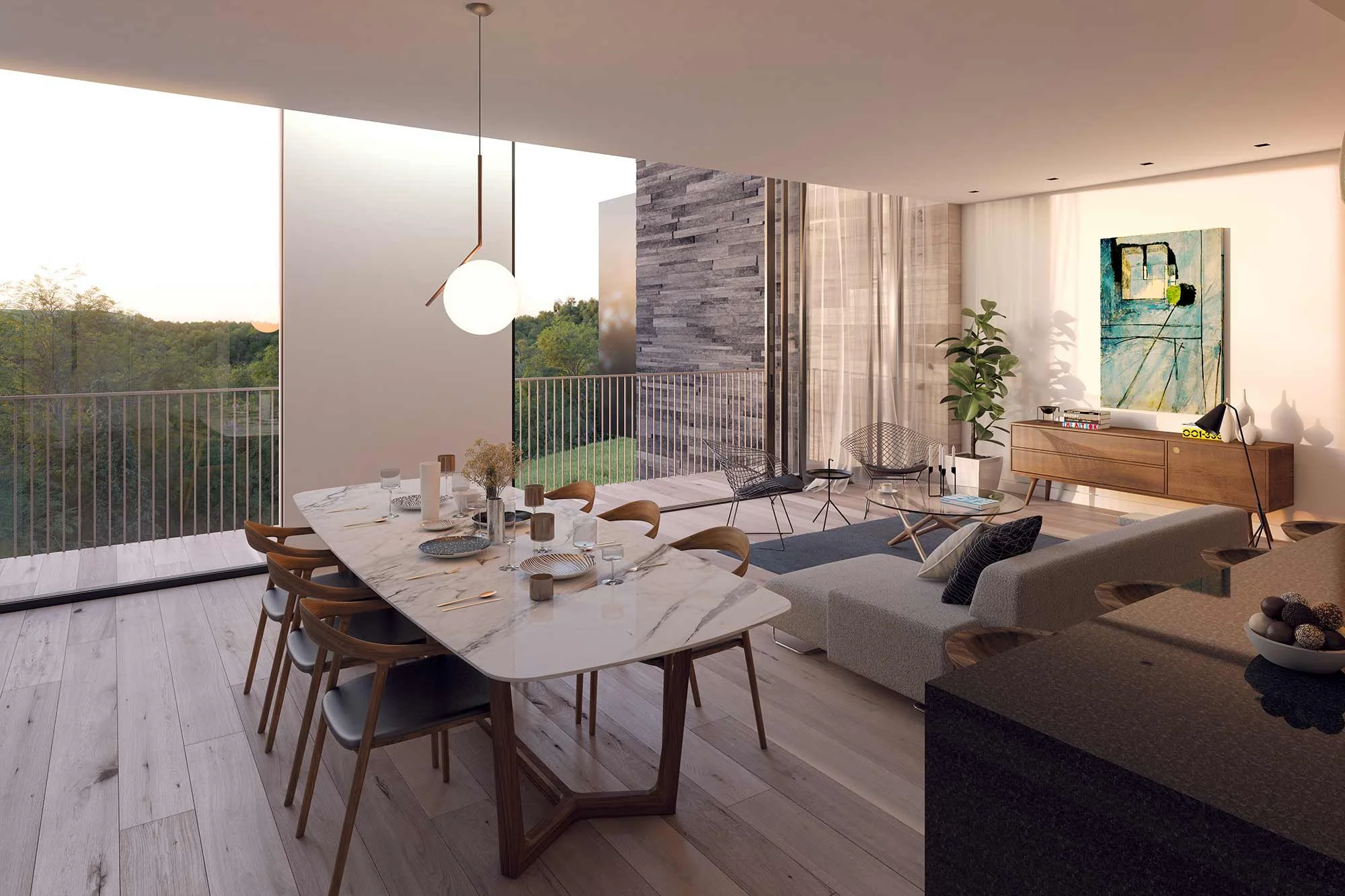 Modern living and dining room with large glass sliding doors, wooden floors, contemporary furniture, abstract artwork, and a balcony view of trees.