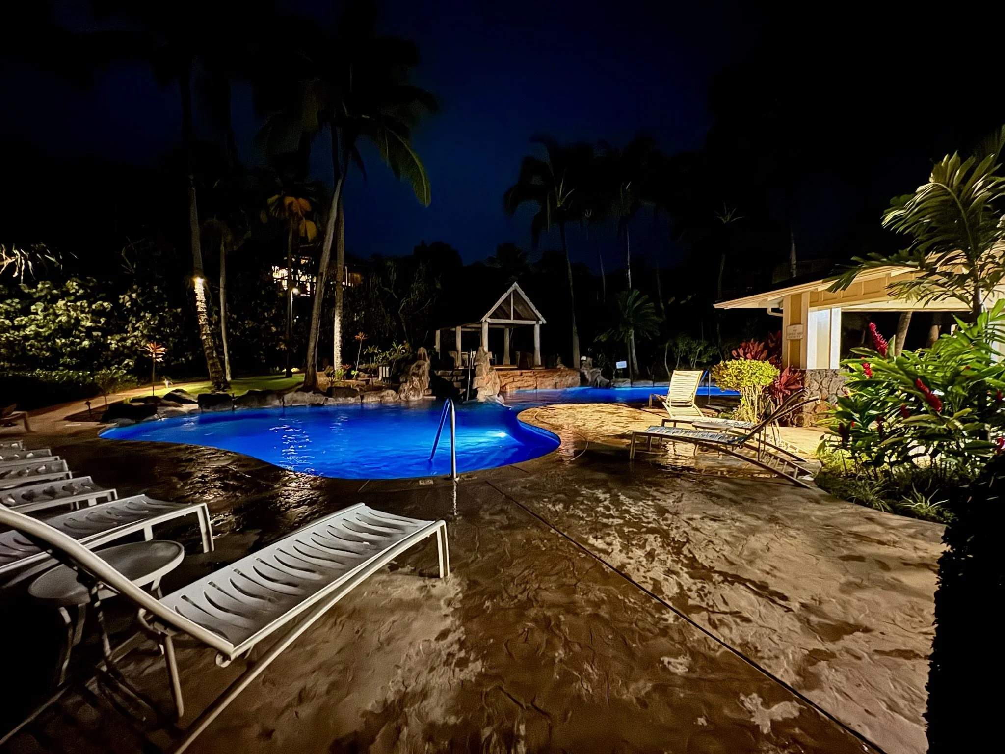Nighttime view of a lit swimming pool surrounded by lounge chairs, tropical trees, and lush plants.