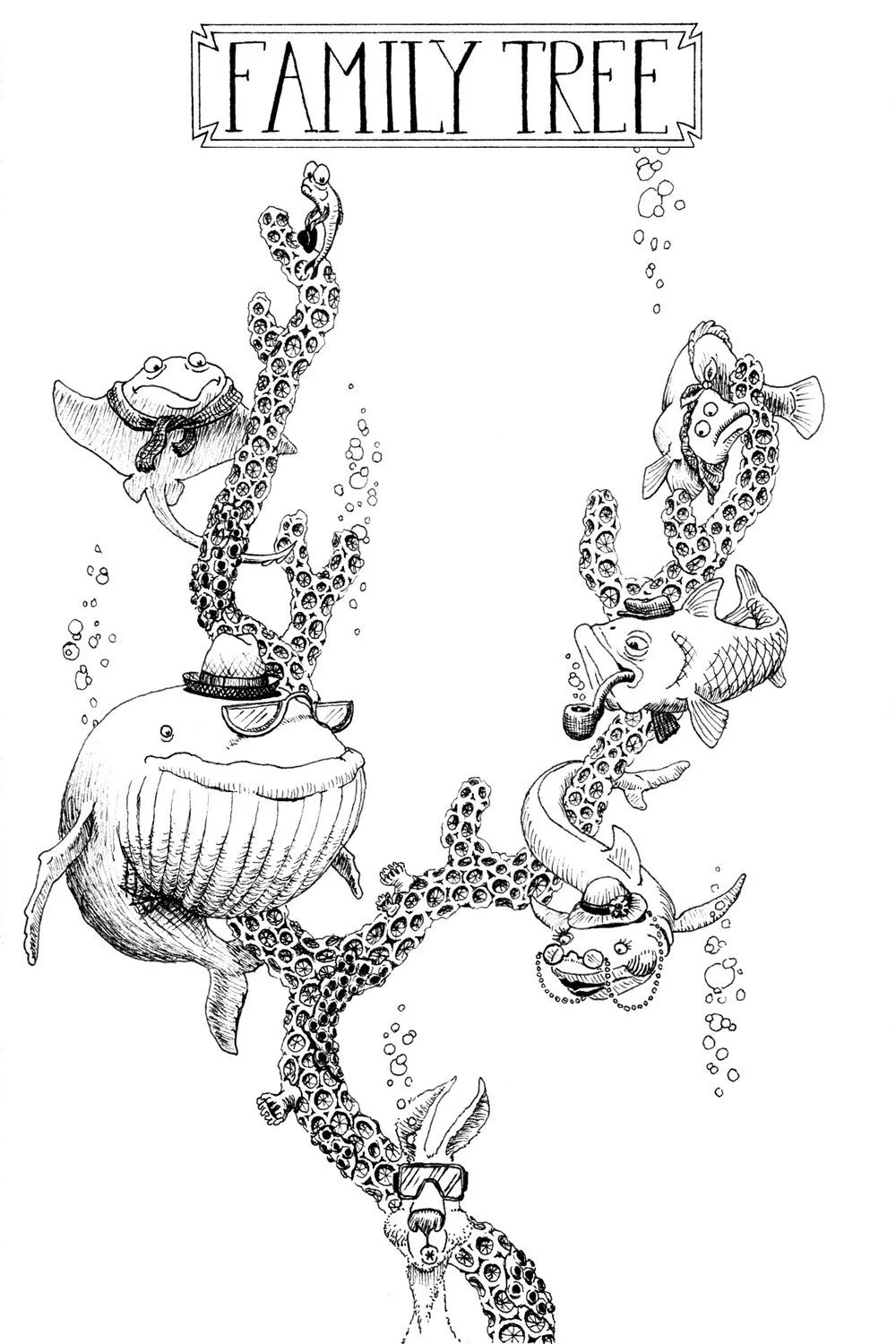 ‘His father was a whale,
With a feather in his tail,
Who lived in the Greenland sea;

And his mother was a shark,
Who kept very dark
In the Gulf of Caribbee. 

His uncles were a skate,
And a little whitebait,
And a flounder, and a chub beside;

And a