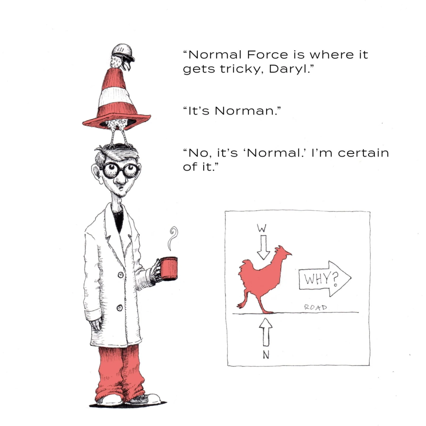 A scientific explanation for why the chicken crossed the road. Originally created as my entry in a competition against other illustrators to win the the contract to illustrate the rest of the book.