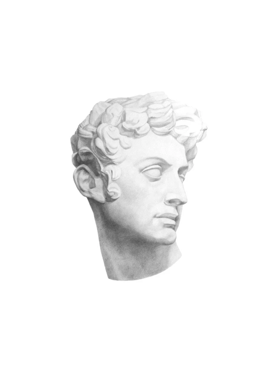 A photo of a pencil drawing of a bust of Michelangelo’s David
