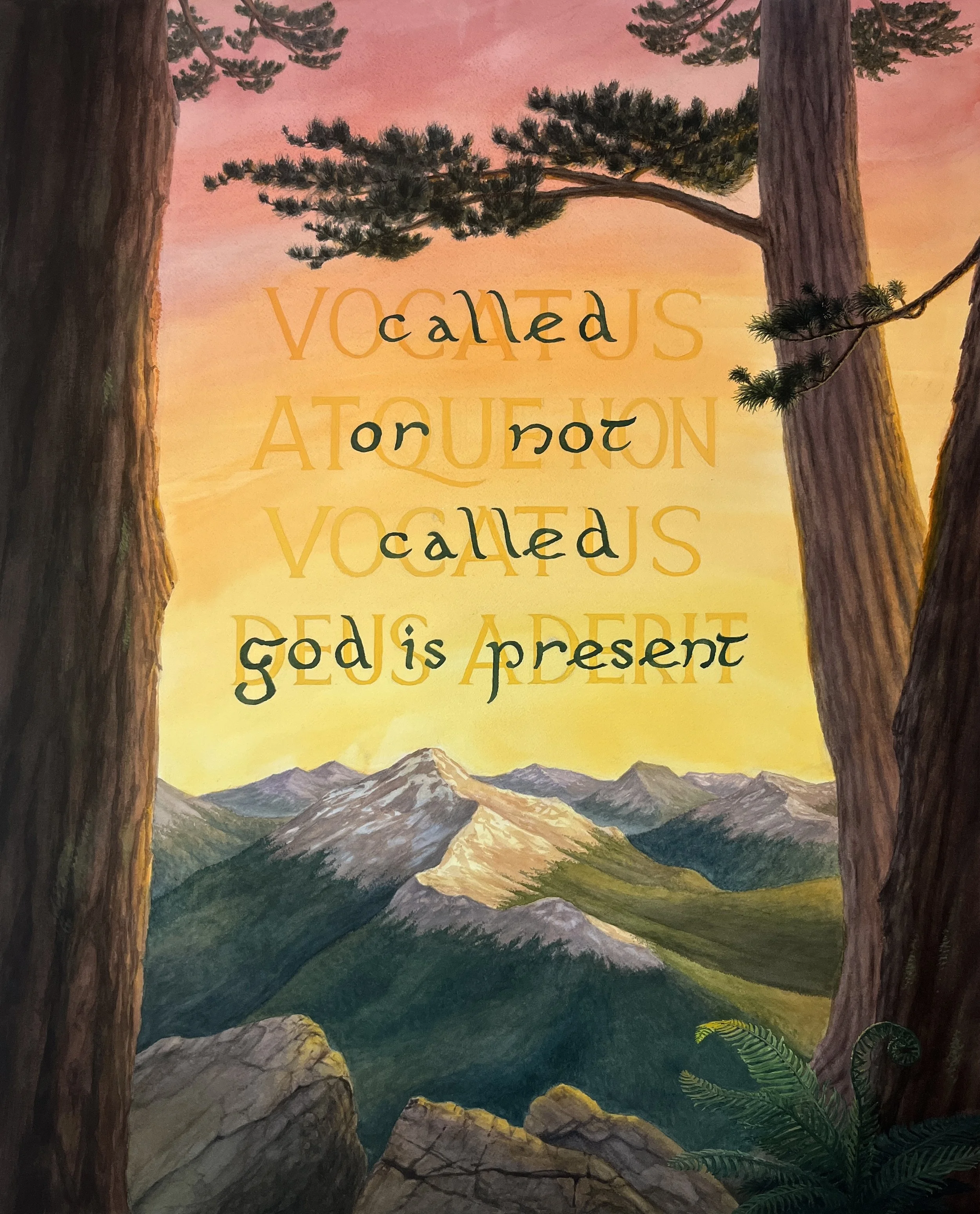 Vocatus Atque Non Vocatus Deus Aderit - This large watercolor was commissioned to commemorate the Latin phrase engraved above Carl Jung’s doorway, and later on his tombstone.
[Sold]