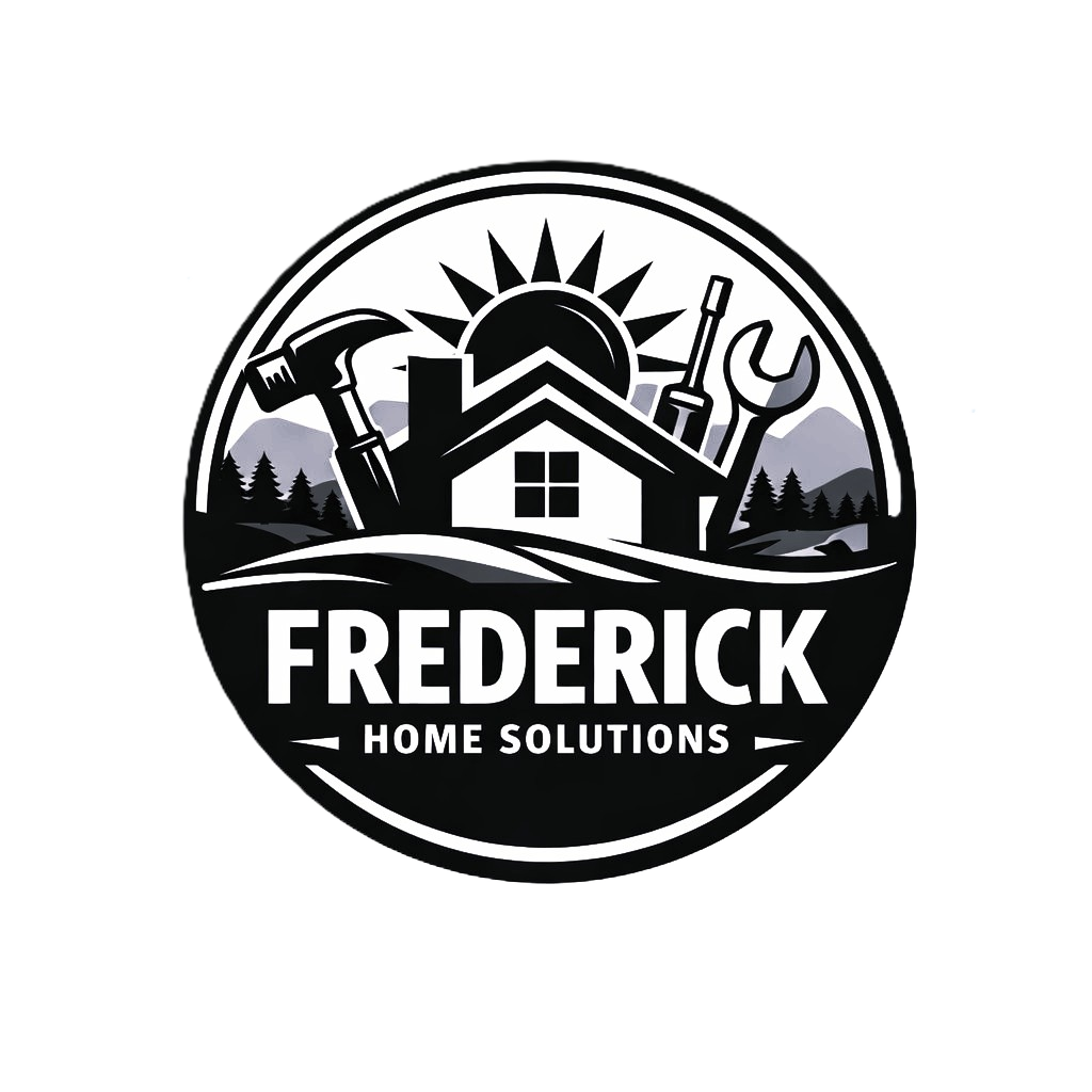 Logo for Frederick Home Solutions featuring a house, sun, trees, and tools like a hammer, screwdriver, and wrench in black and white.