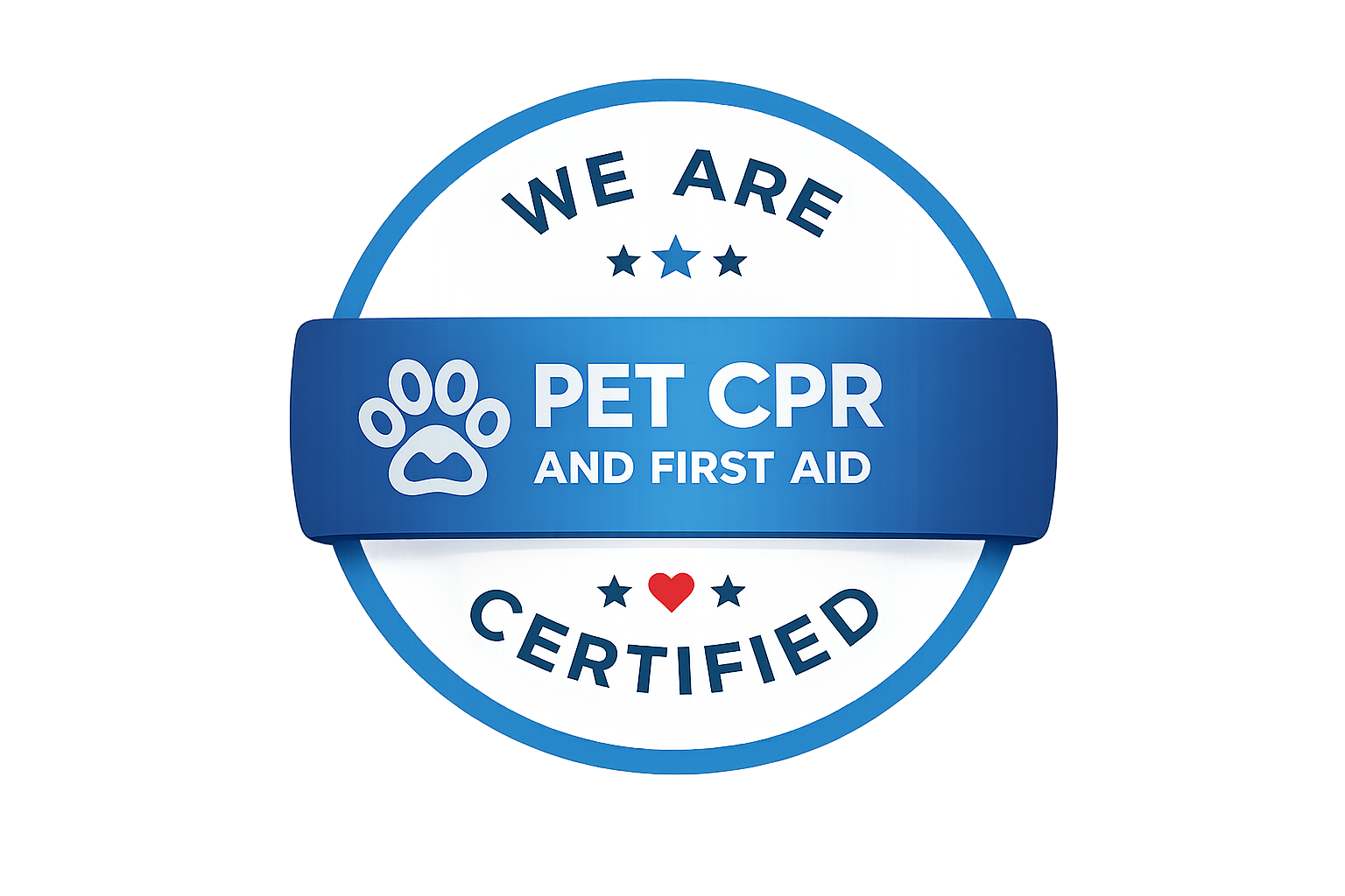A circular blue and white sign indicating certification for pet CPR and first aid, with a paw print icon, a red heart, and the words 'We Are Certified'.