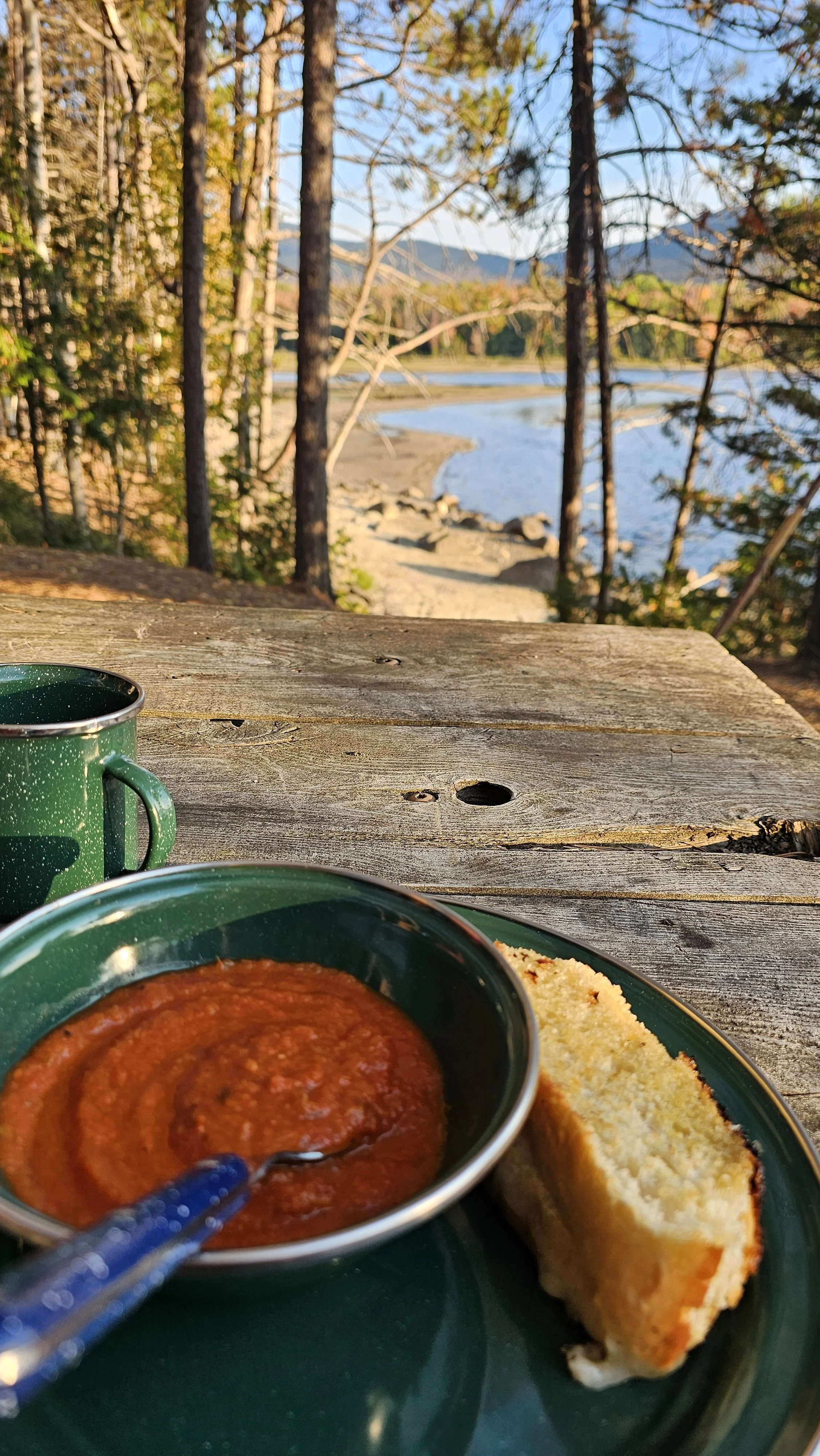 A rustic outdoor dining setup with a plate of bread and a bowl of tomato sauce, set on a weathered wooden table beside a lake with trees and mountains in the background during daytime.