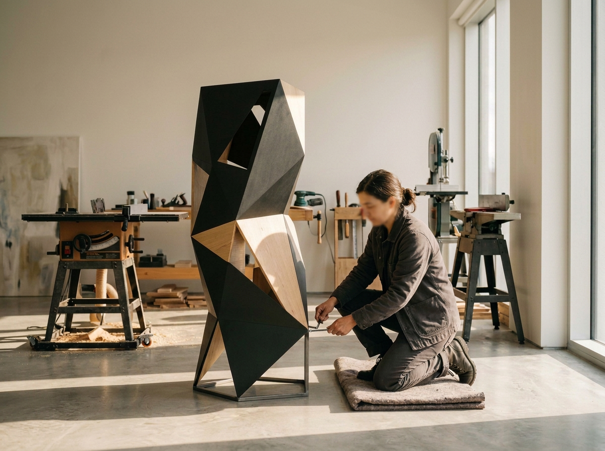 A woman in a workshop, kneeling on a mat, working on a large abstract wooden sculpture with black and natural wood sections. There are woodworking tools and equipment in the background.