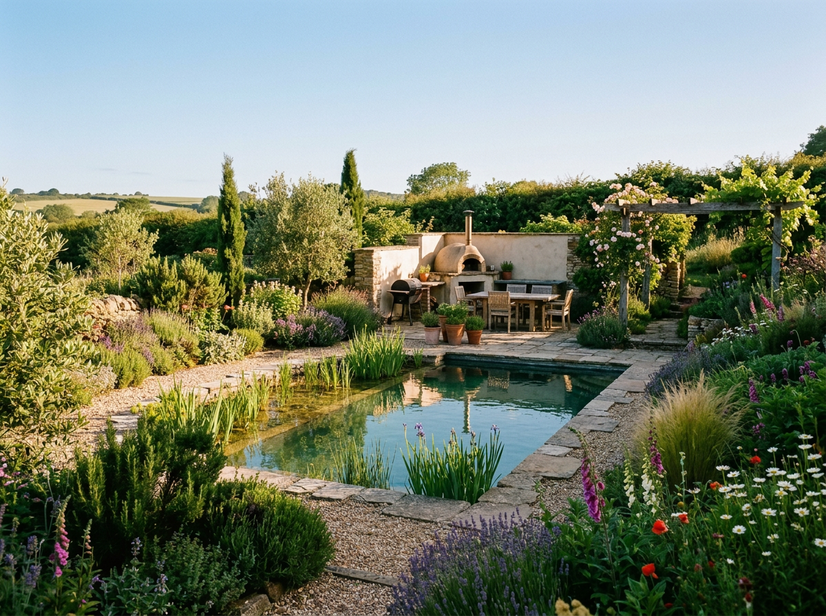 A lush garden with a swimming pool, surrounded by various flowers and greenery. There is an outdoor seating area with a table and chairs, a built-in outdoor oven, and a pergola covered in flowering vines. The landscape extends into rolling hills under a clear sky.