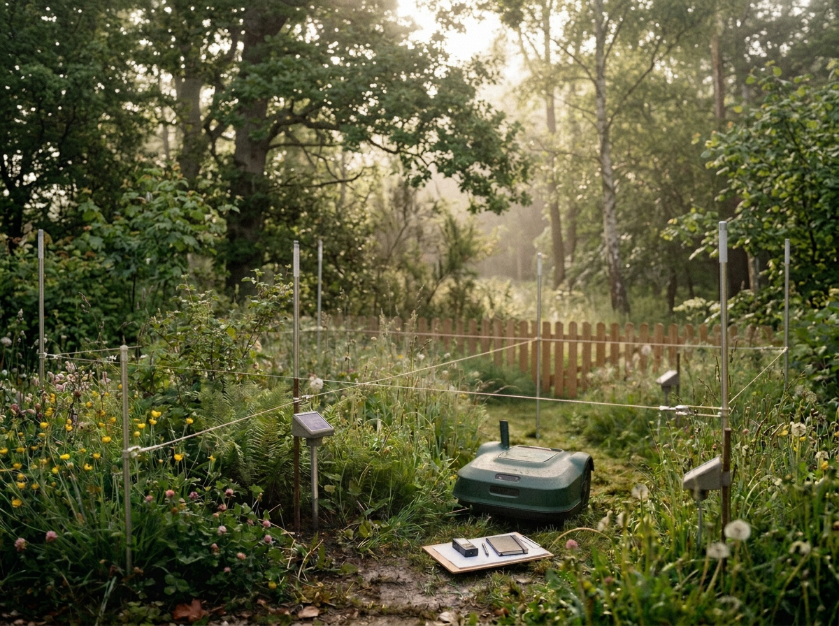 A garden surrounded by a wooden fence with a robotic lawn mower working on the grass. The garden has various plants and flowers, with trees in the background. There are several solar-powered sensors or lights around the garden, and a few tools or devices are placed on a small wooden board on the ground.