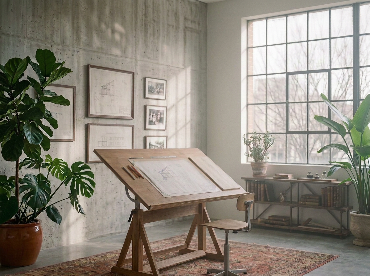 An artist's workspace with a drafting table, drawing tools, framed sketches on the wall, large window, and indoor plants.