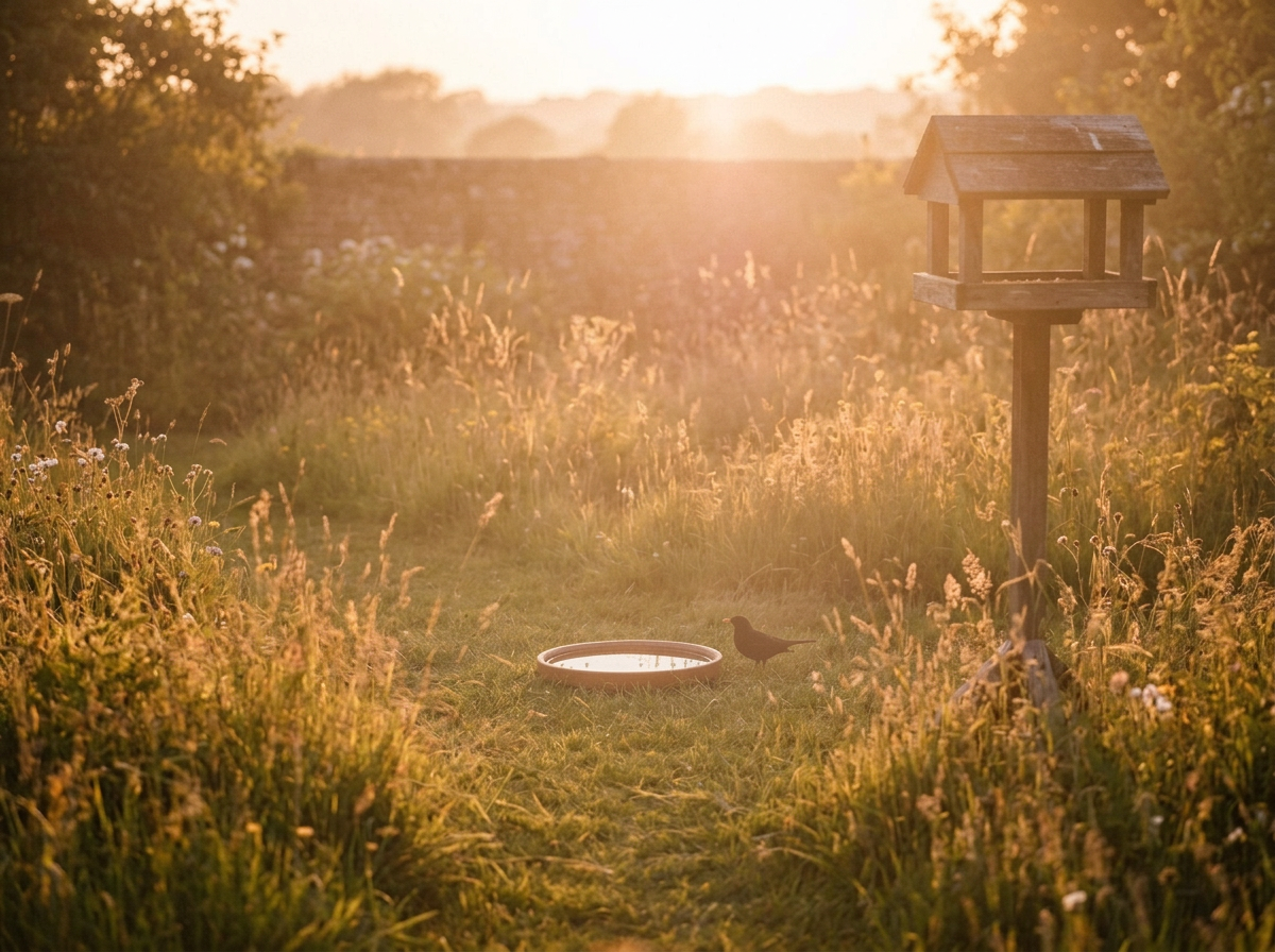 A rural scene at sunset with a bird near a water bowl, a birdhouse on a pole, and tall grass.