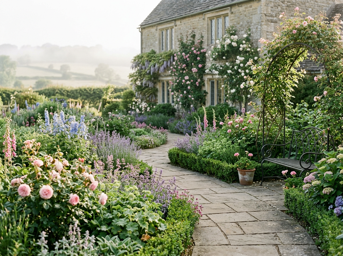 A stone pathway winding through a lush garden full of colorful blooming flowers and green shrubs in front of a stone house with climbing roses and a wrought iron bench.