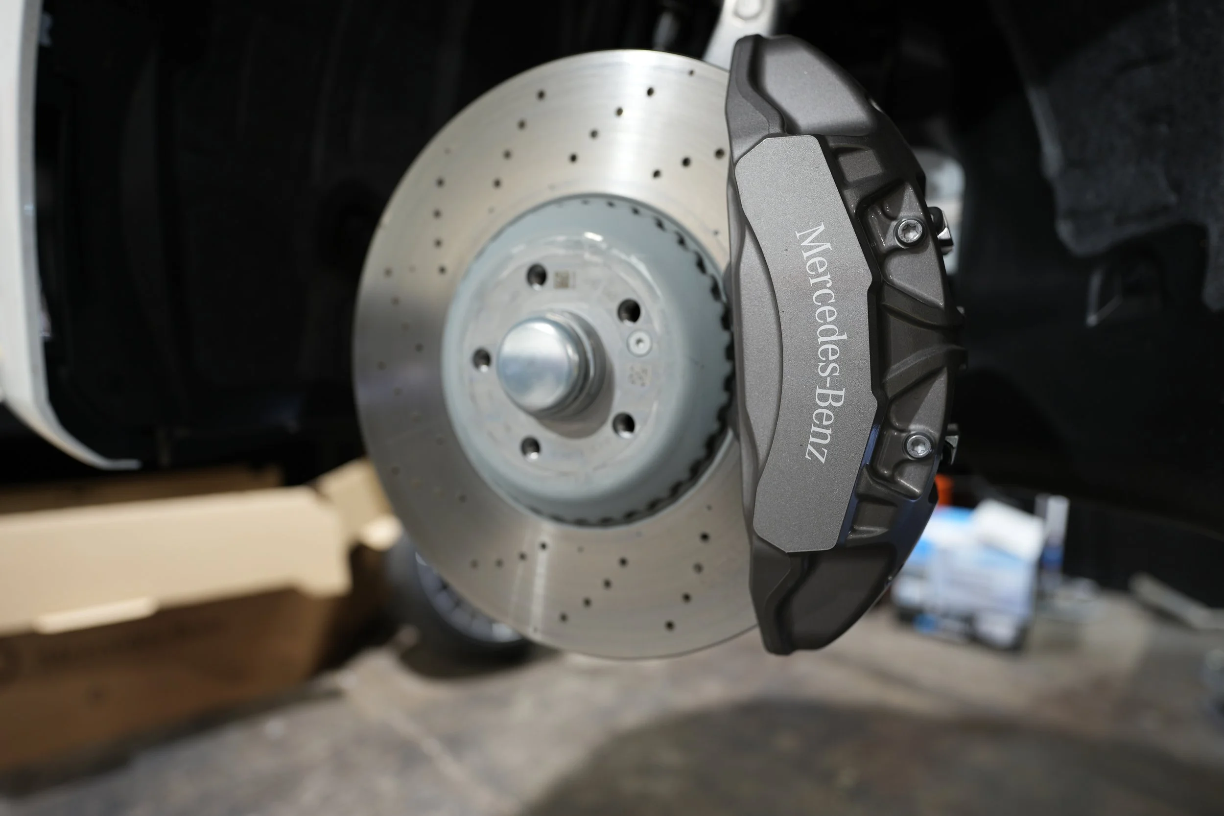Mercedes-Benz drilled brake rotor and caliper replacement in Frisco, TX