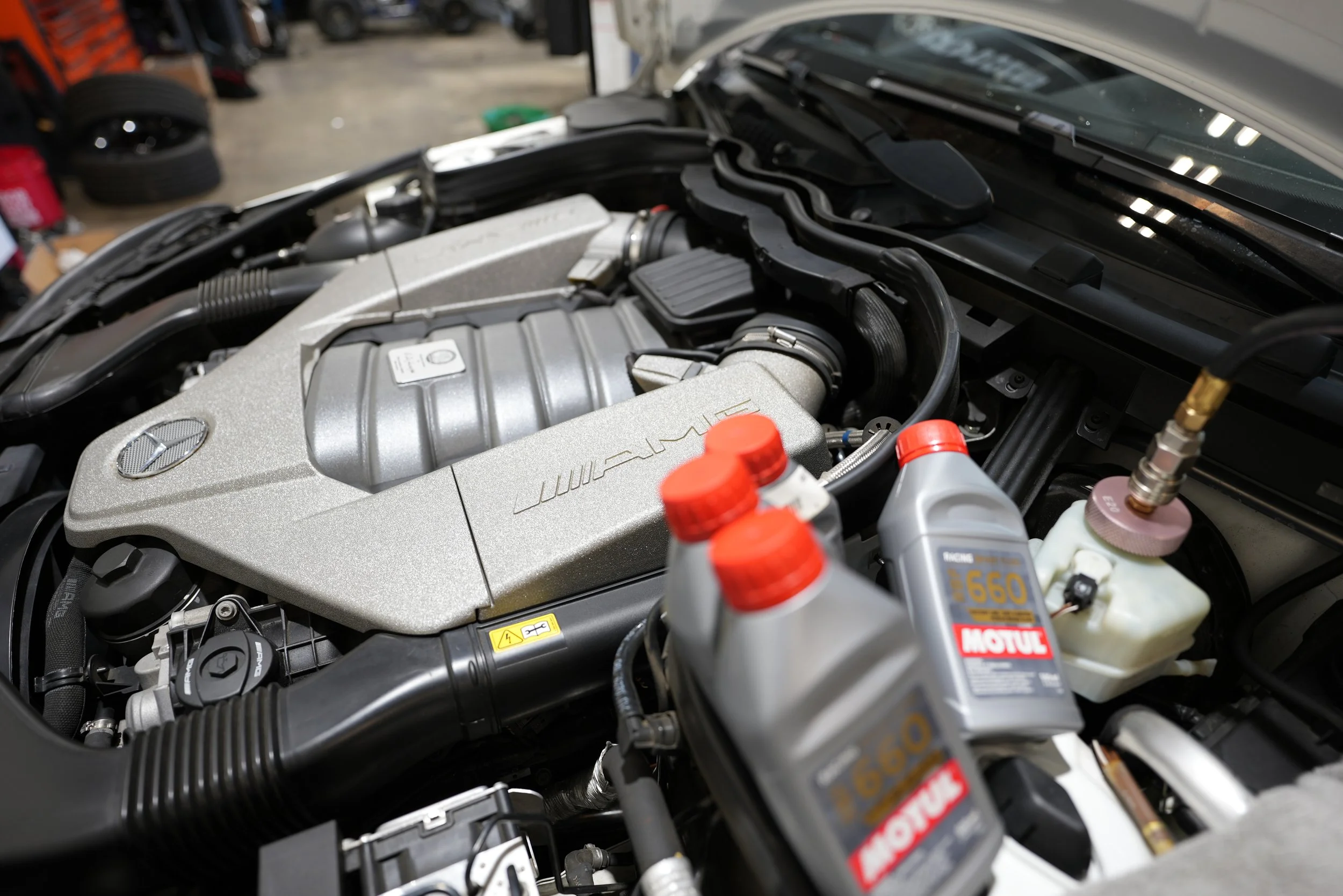 Mercedes-AMG engine oil service with Motul oil in Frisco, TX