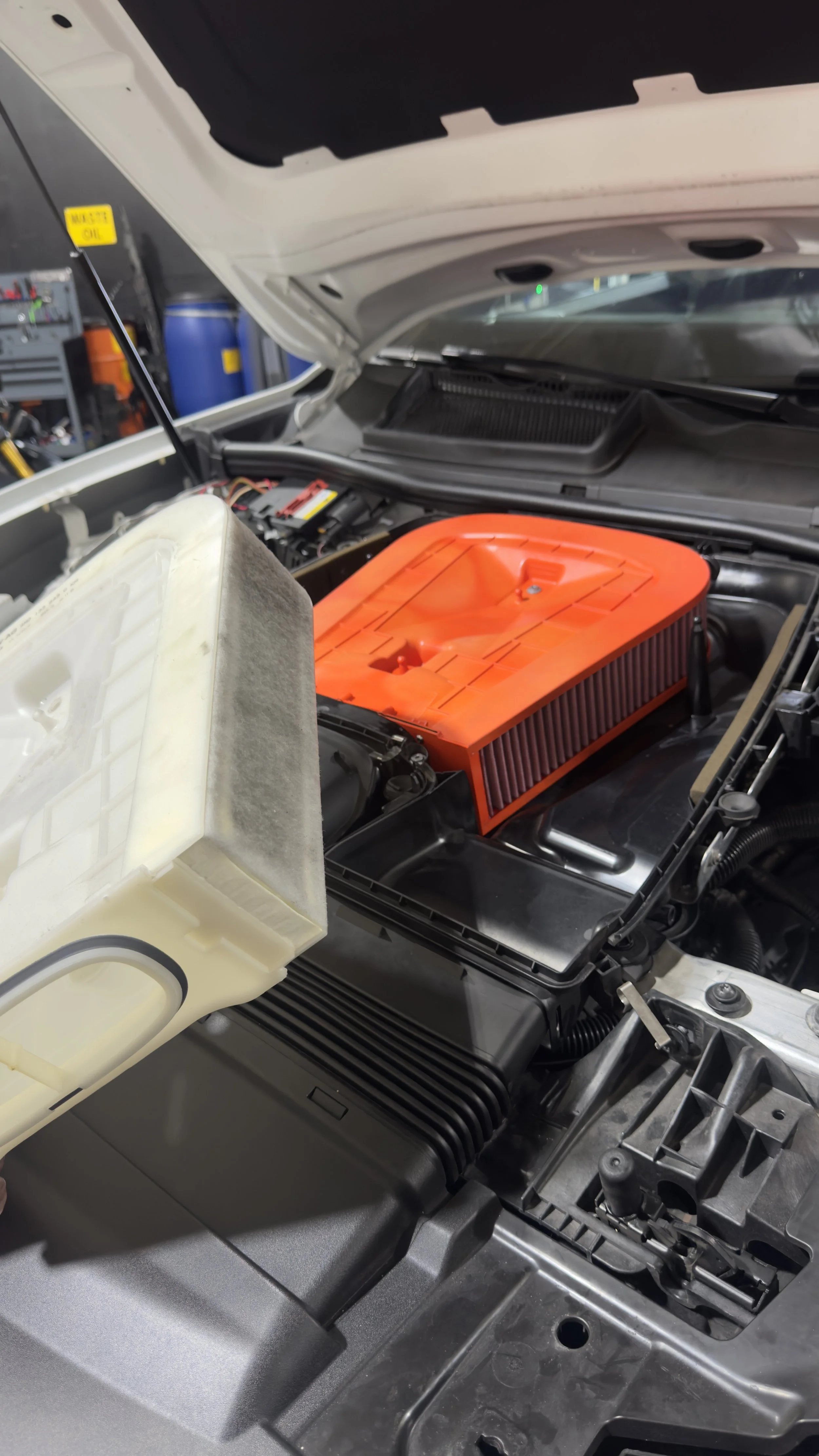 Under the hood of a Lamborghini Urus sports car showing a new BMC high flow air filter being installed.