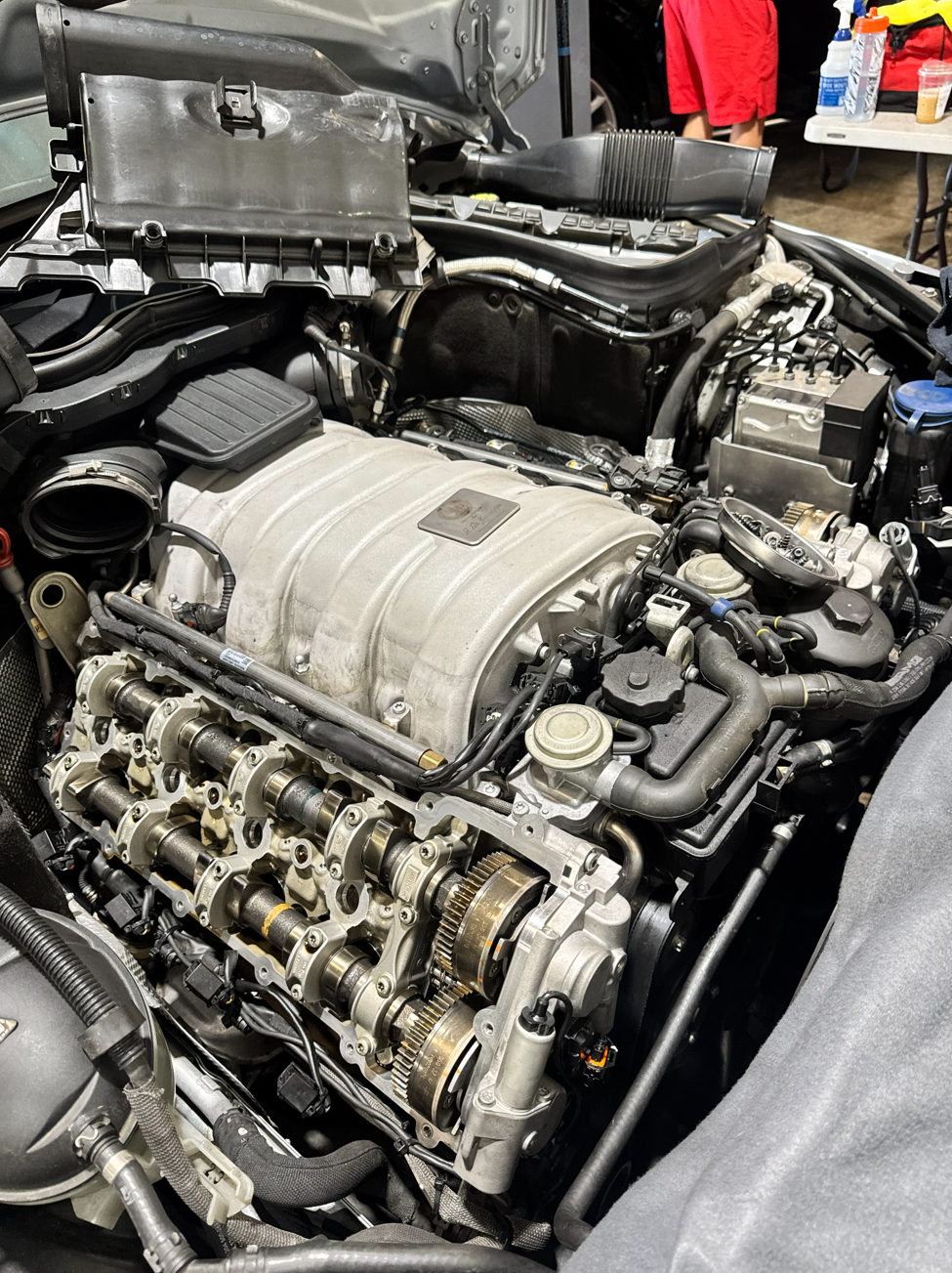 Mercedes-AMG V8 with the intake manifold removed during engine work at Custom Luxury Lab in Frisco, TX