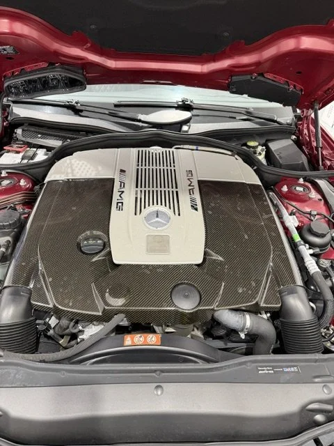 Mercedes-AMG SL 65 V12 biturbo engine bay opened for service at Custom Luxury Lab in Frisco, TX