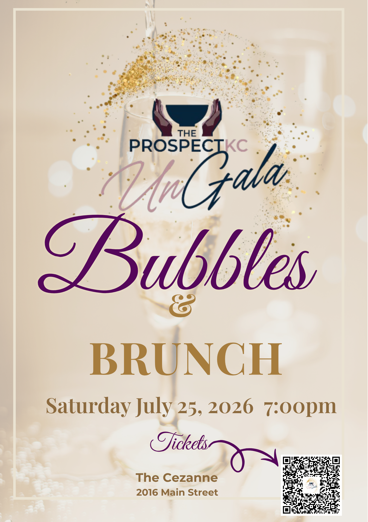 Invitation to the Prospect KC and Guilds brunch event featuring a champagne glass with gold confetti, event details including date, time, location, and a QR code.