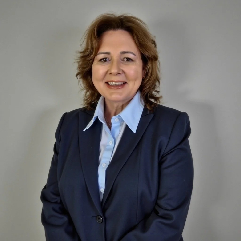 A woman with shoulder-length brown hair wearing a navy blazer and a light blue collared shirt smiling in front of a plain gray background.