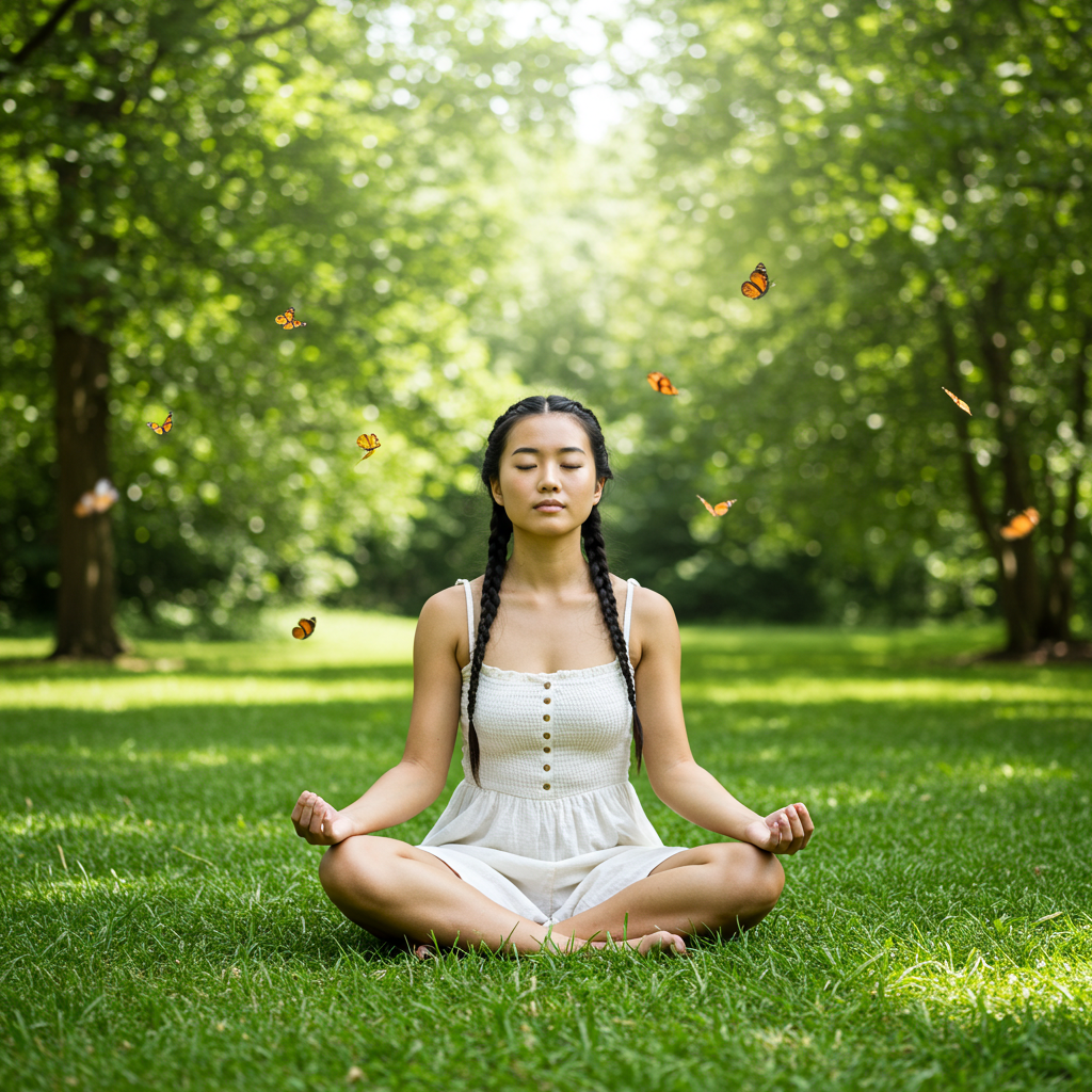 A woman with long braided hair sitting cross-legged on grass in a park with green trees, practicing meditation with eyes closed and butterflies around her.
