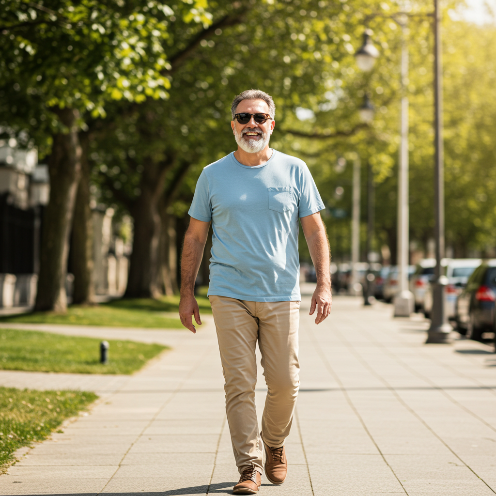 An older man with gray hair and beard walking on a sunny sidewalk, wearing sunglasses, a light blue T-shirt, beige pants, and brown shoes, smiling.