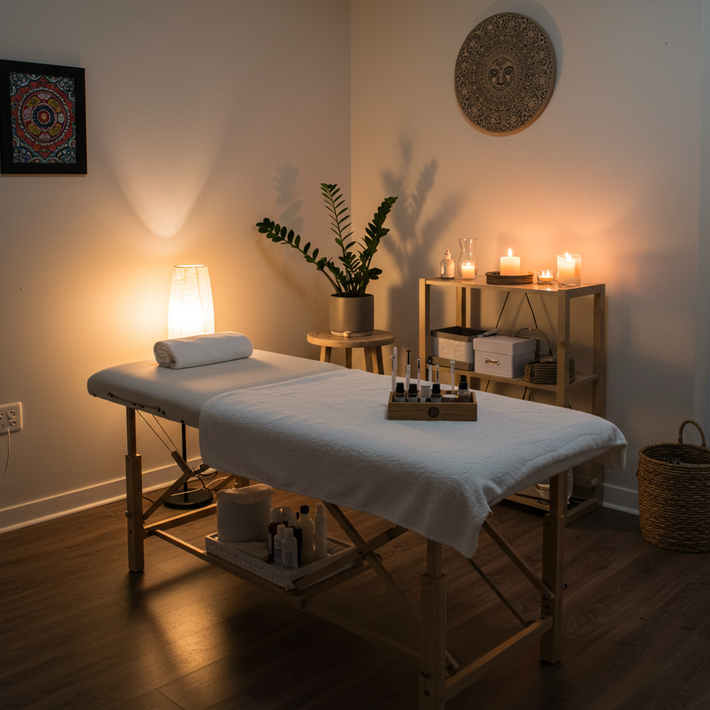 Massage room with a massage table covered in a white sheet, lit by warm candlelight, with a rolled towel at the head. There's a small stool with a plant, candles, and decorative items on a wooden shelf in the background, and a basket on the floor.