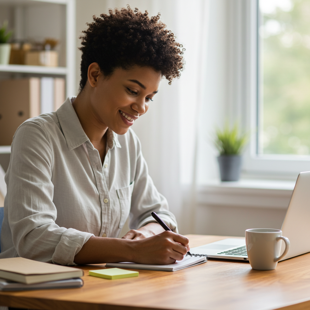 A woman with curly short hair sitting at a desk, writing in a notebook with a pen, with a laptop, a coffee mug, and some notebooks on the desk, in a bright room with a window and potted plant in the background.