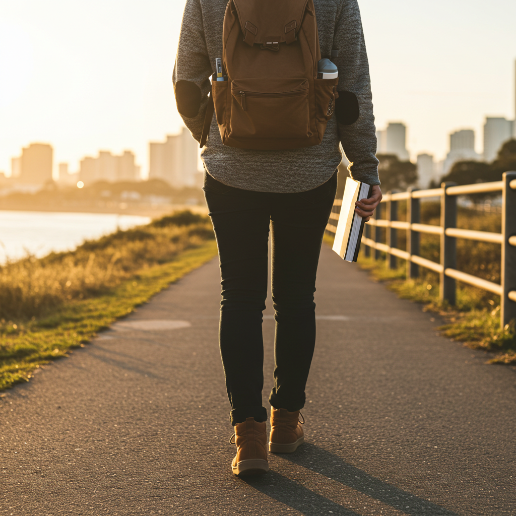 Person walking on a paved path with a brown backpack, holding a notebook, during sunset with city skyline in the background.