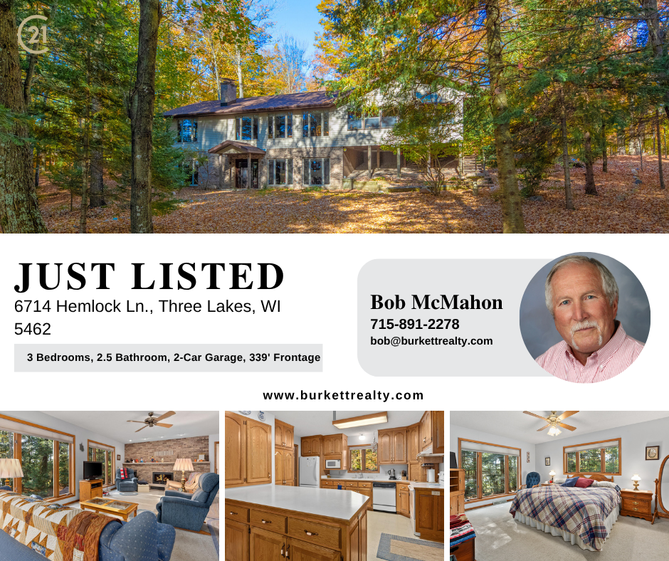Real estate listing for a house at 6714 Hemlock Ln., Three Lakes, WI. Showcases the front exterior surrounded by trees, a cozy living room with large windows and fireplace, a kitchen with wooden cabinets and island, and a bedroom with large windows and a bed with a plaid blanket.