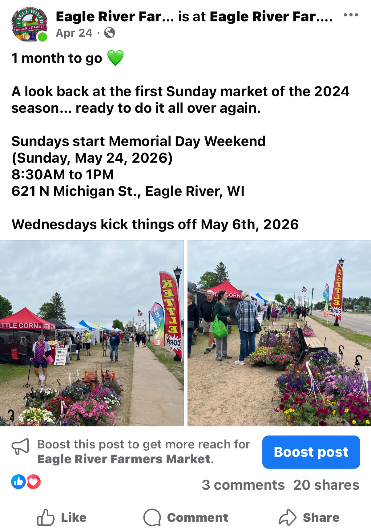Photos of the Eagle River Farmers Market on a cloudy day, showing vendor tents, people shopping, and flower displays along the sidewalk.