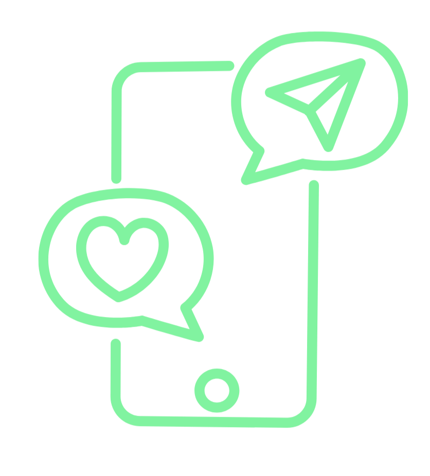 Neon green outline of a smartphone with two speech bubbles, one containing a heart and the other a paper airplane, representing messaging or social media interaction.