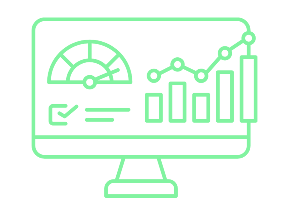 Neon green line art of a computer monitor displaying graphs, charts, and speedometer gauges related to data analytics.