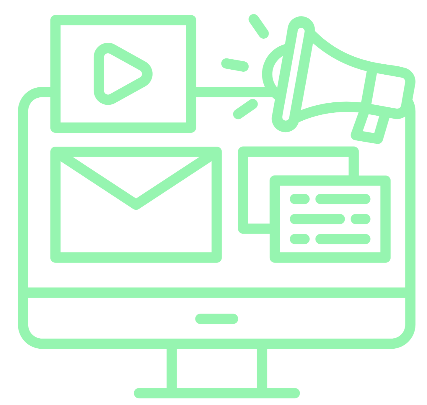 Line drawing of a computer monitor with icons of a play button, envelope, document, and notepad on the screen, all connected with lines representing digital communication or media.