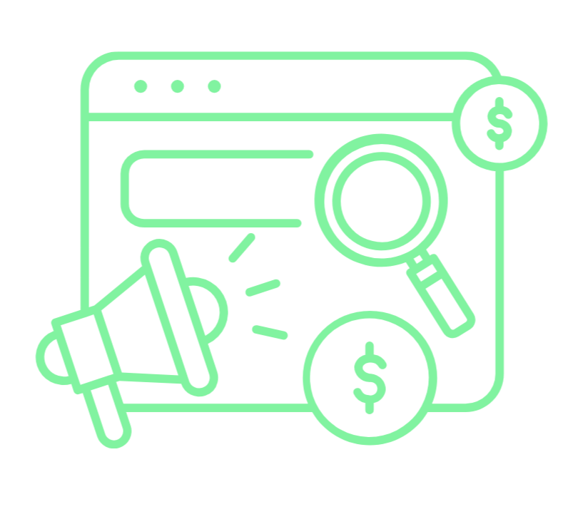 Outline of a computer window with a magnifying glass, two dollar signs, a megaphone emitting sound lines, representing online advertising and digital marketing.