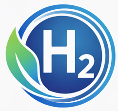 Hydrogen fuel symbol with blue circle and green leaf design