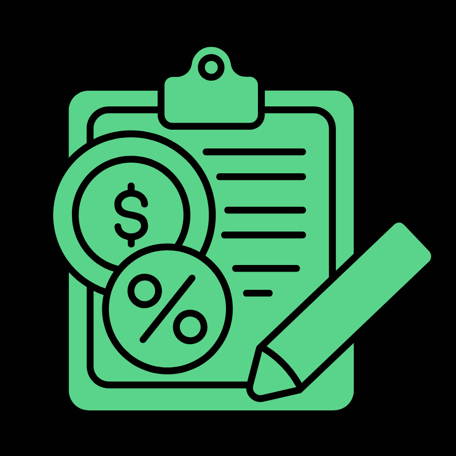 Outline of a financial document or bill with dollar signs and percentage symbols, a pencil, and a clipboard.