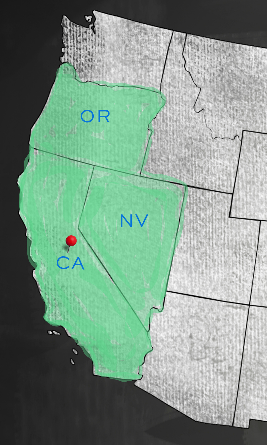 Map highlighting primary service area for CPA-ROD - Oregon, Nevada, and California states with abbreviations OR, NV, CA. California has a red pin marked on it.