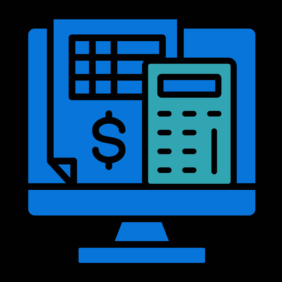 Graphic of a computer monitor displaying financial icons, including a calculator, a dollar bill, and a financial spreadsheet.